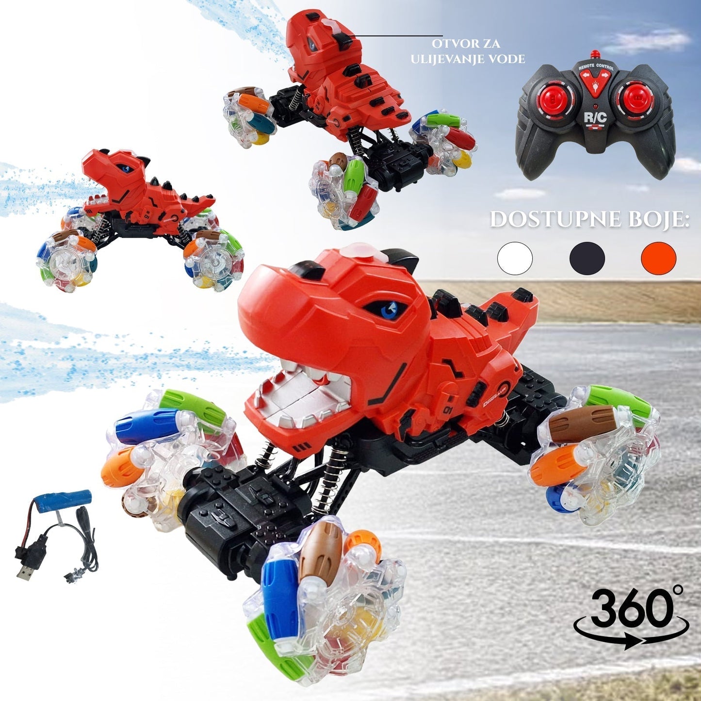 TELECOMANDĂ XXL DINOSAUR 360 CU EFECT BURLING PENTRU APĂ PULVERIZĂ ȘI ROȚI LED