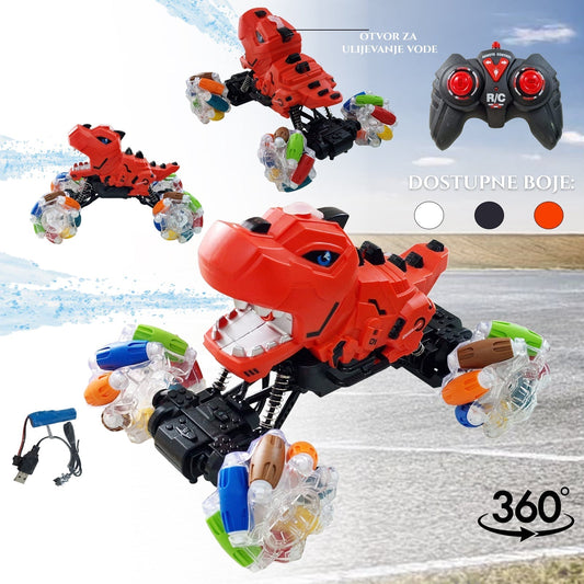 TELECOMANDĂ XXL DINOSAUR 360 CU EFECT BURLING PENTRU APĂ PULVERIZĂ ȘI ROȚI LED