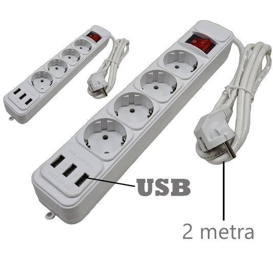 Cablu prelungitor (4 prize, 3 intrări USB) 2 BUC