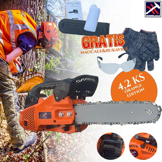 MINI FERĂĂSUT CU O MÂNĂ 4,2 CP CU CIOAN CU MĂNUȘI DE PROTECȚIE ȘI OCHEARE DE PROTECȚIE GRATUITE